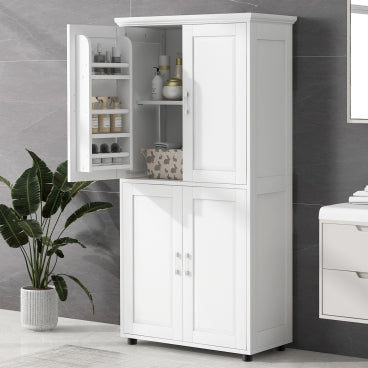GDFStudio Marian Modern Wood Freestanding Bathroom Storage Cabinet with 4 Doors and Adjustable Shelf, White