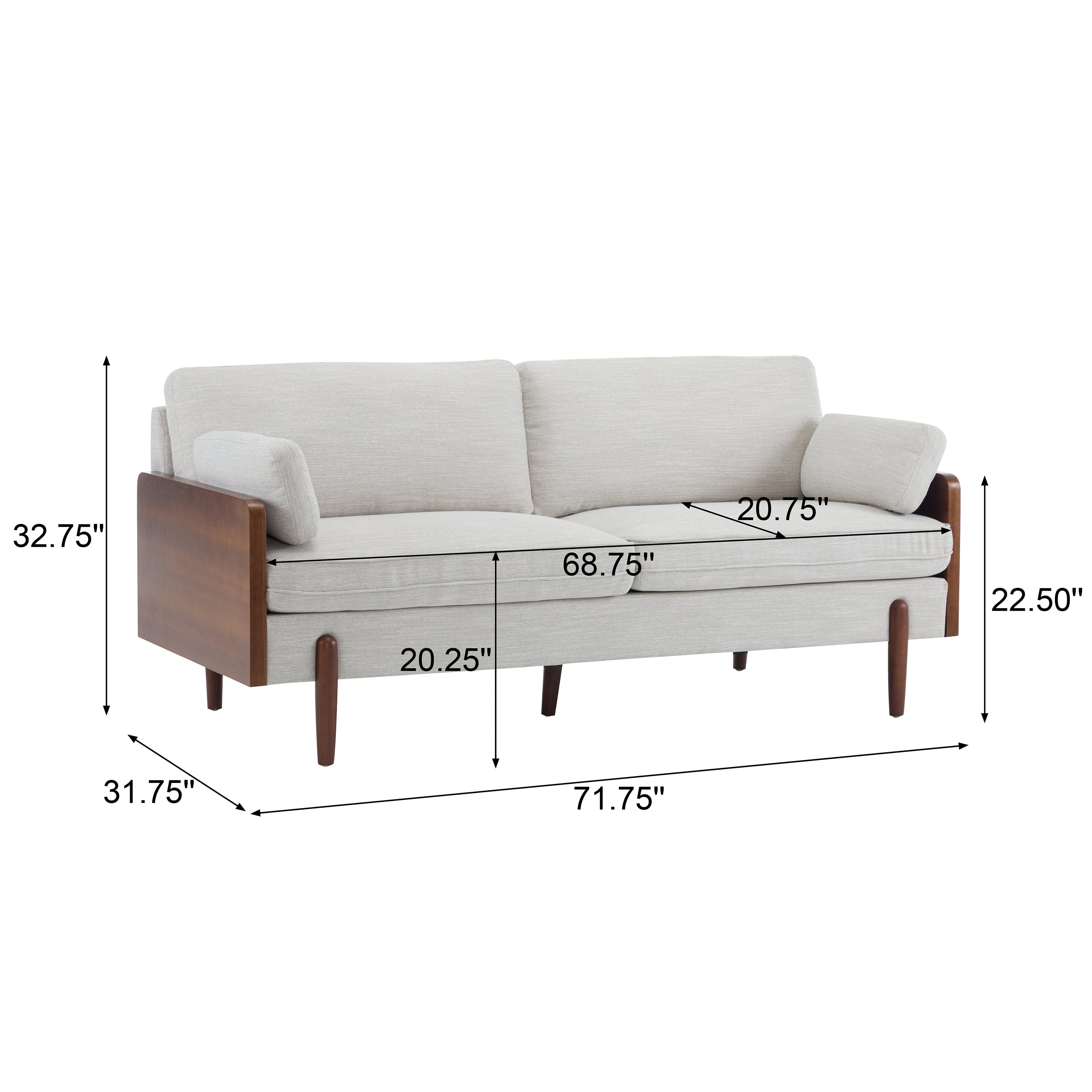 Mid-Century Modern Sofa 71.75" with Wood Sides & Slim Track Arms – Plush Living Room Couch