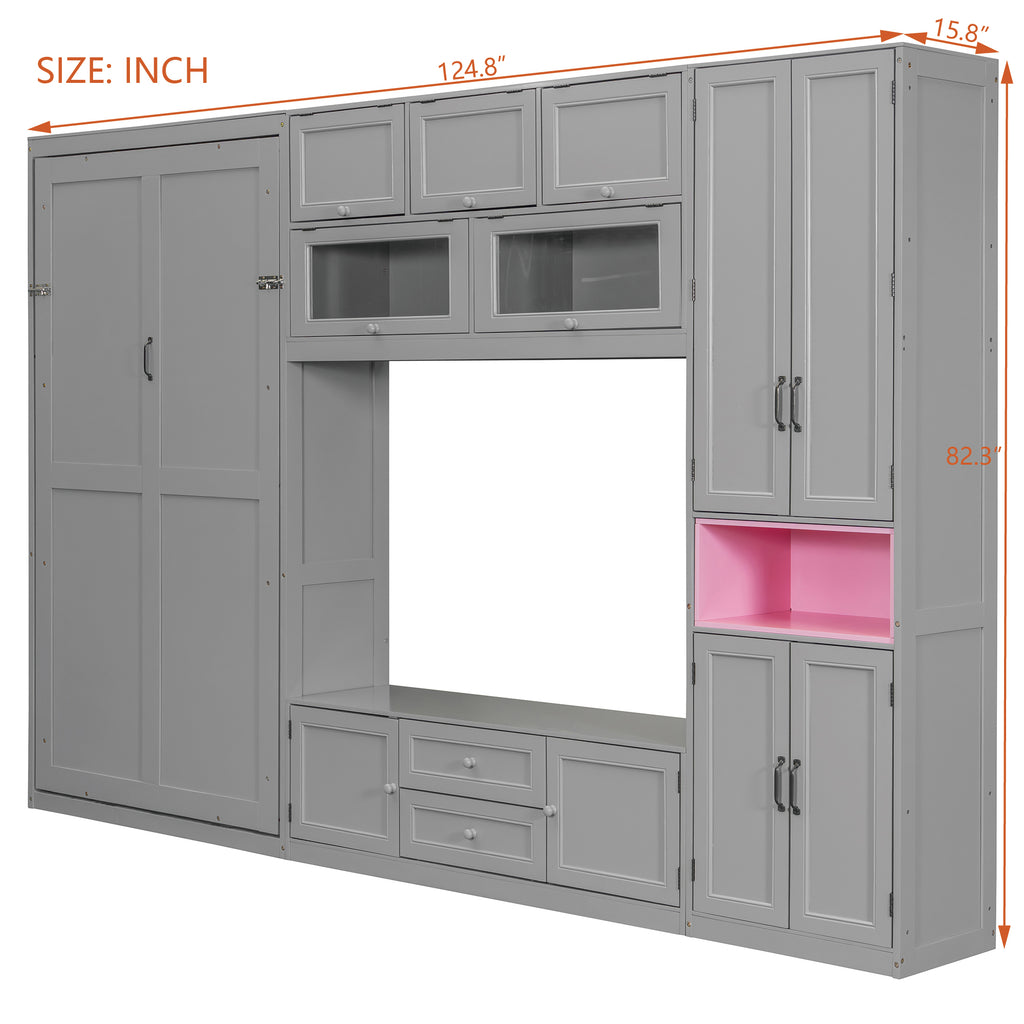 Twin Size Murphy Bed with TV Stand, Storage Drawers & Cabinets, Space-Saving Wall Bed for Small Rooms