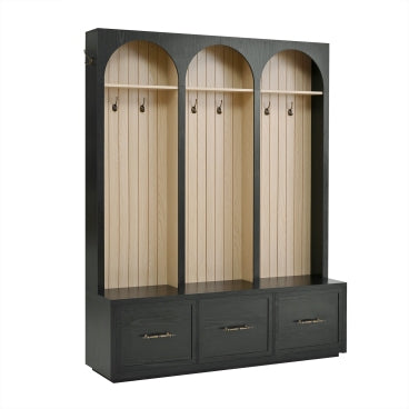 Christopher Knight Home Luna Farmhouse Wooden Hall Tree with 3 Drawers, 8 Hooks and Storage Compartment, Black