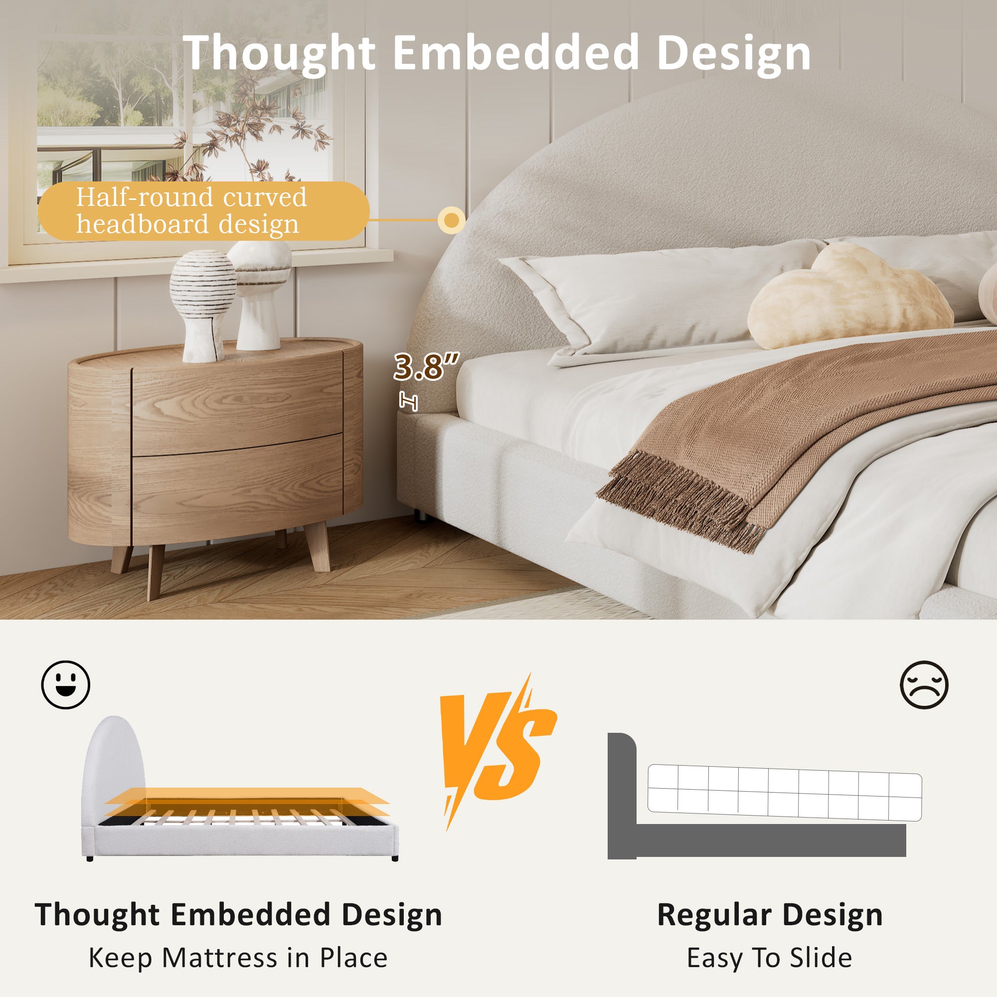 Christopher Knight Home Modern Boucle Upholstered Platform Bed with Thick Half-Round Headboard