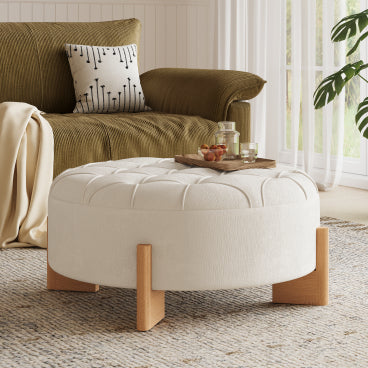 GDFStudio Mason Modern Chenille Upholstered Round Ottoman Coffee Table with Tufted Buttons, Beige