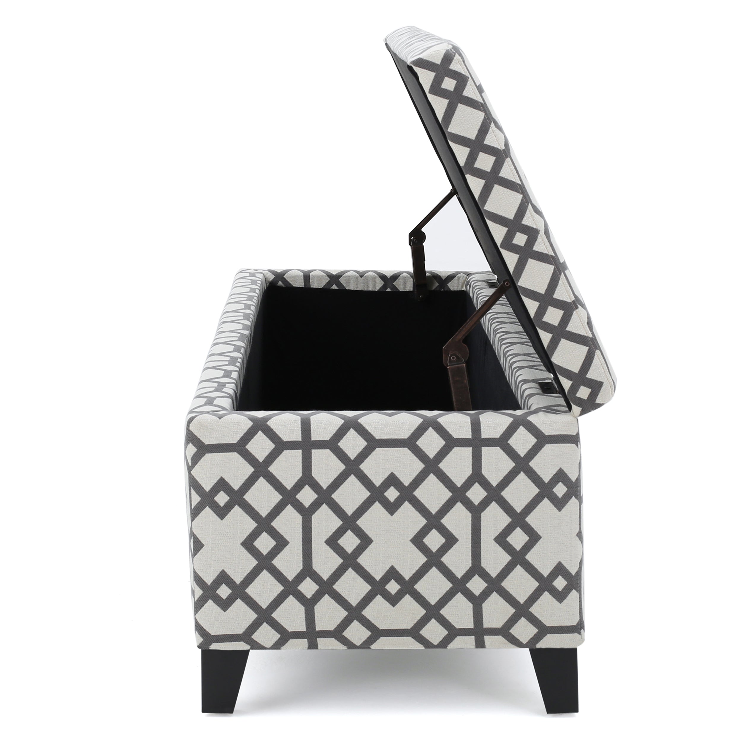 Storage Bench Ottoman with Hidden Storage & Geometric Gray-White Upholstery