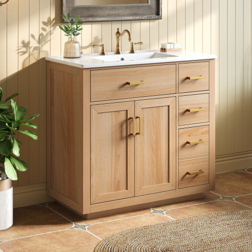 GDFStudio Evara Modern Rubberwood Bathroom Vanity with Ceramic Sink, Double Doors and 4 Drawers, Wood
