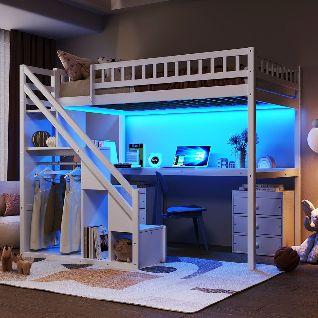 Bunk Bed with Stairs, Desk & LED Lights, Space-Saving Storage Bunk Bed with Drawers for Kids & Teens