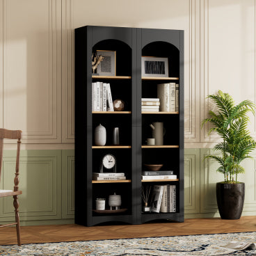 GDFStudio Yuto Modern 5-Tier Wooden Bookcases with Adjustable Shelves (Set of 2), Black