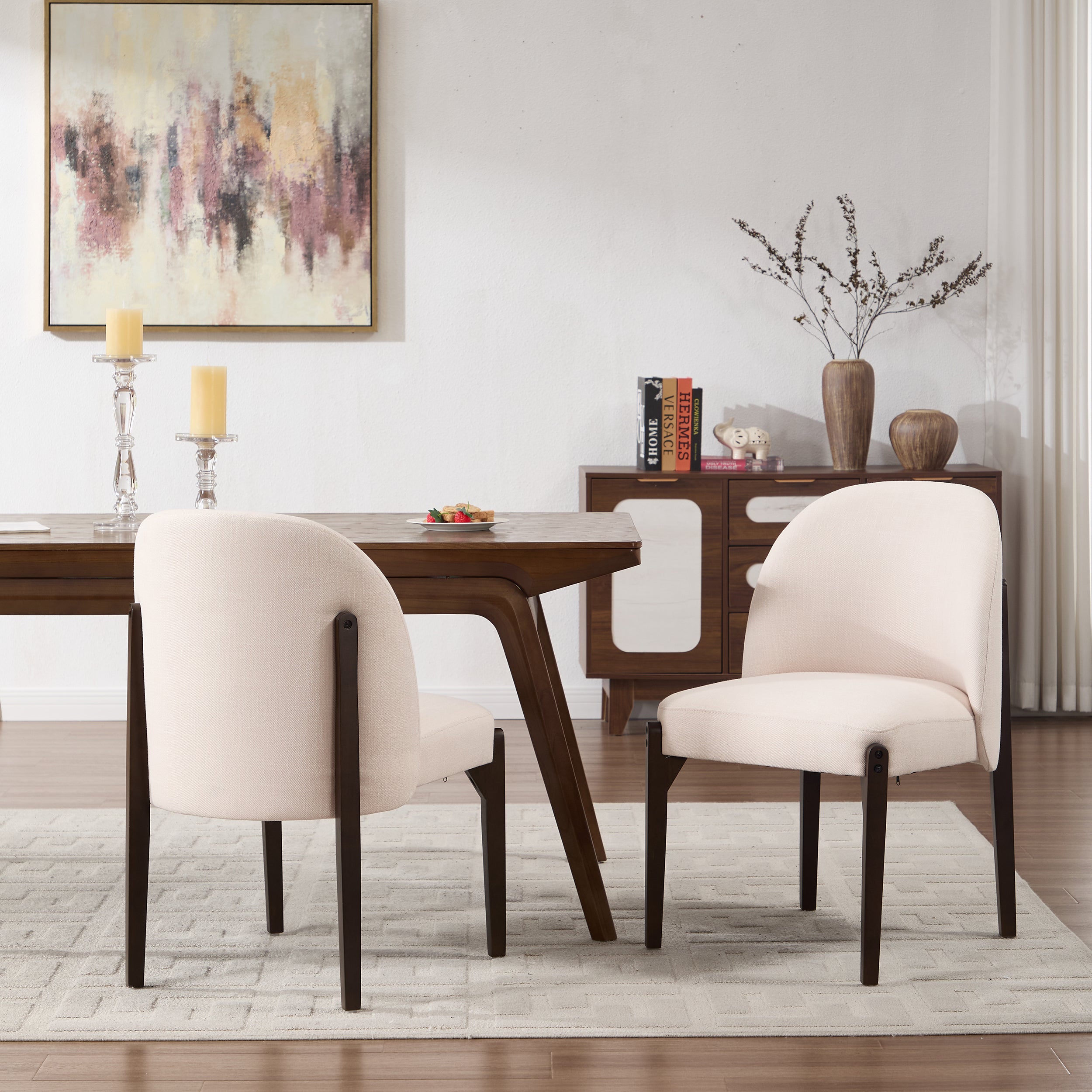 GDFStudio Quiller Modern 2-Piece Rubber Wood Fabric Upholstered Dining Chairs, Beige