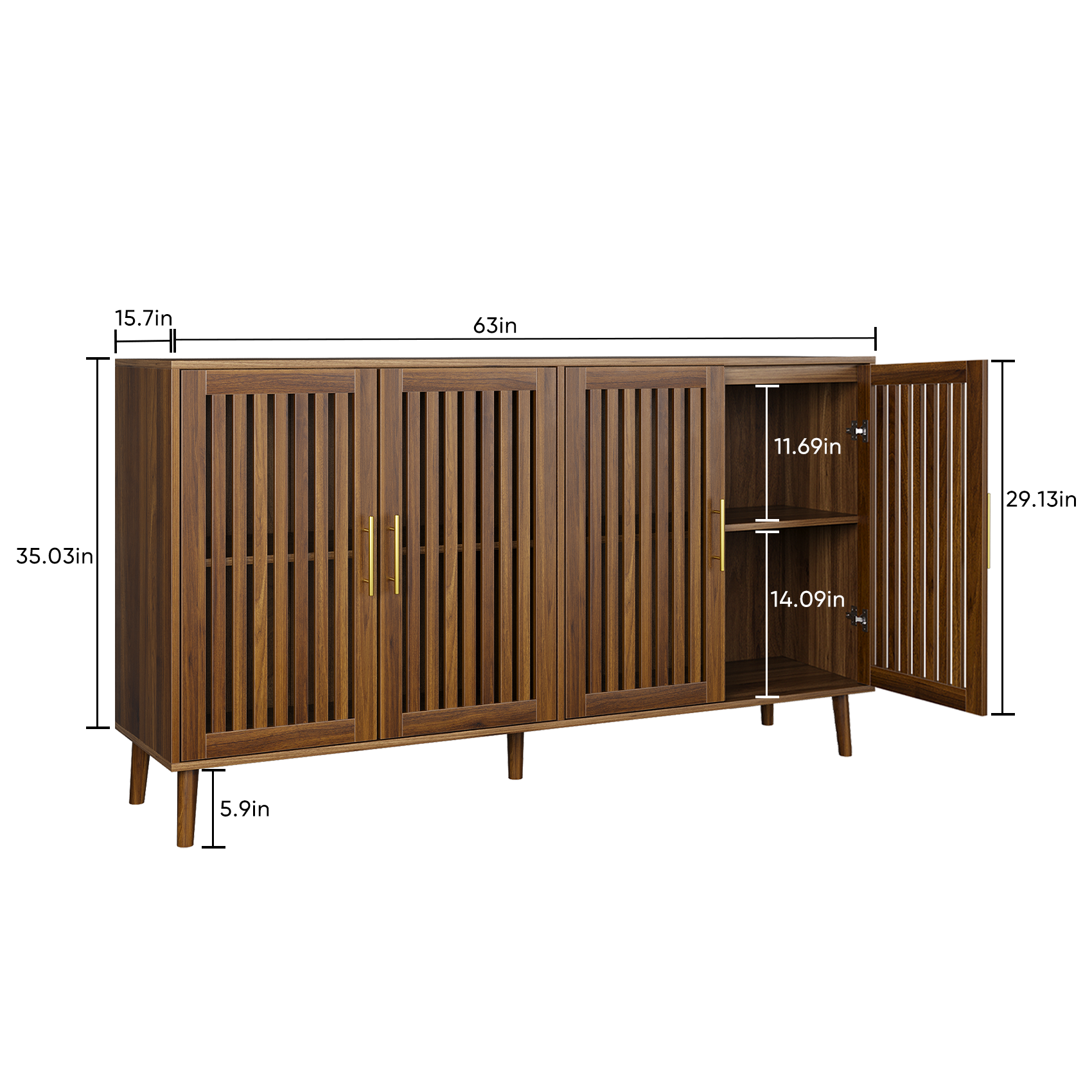 GDFStudio Cassie Mid-Century Modern Storage Cabinet with Grille-Striped Doors and Adjustable Shelves, 63.00''W