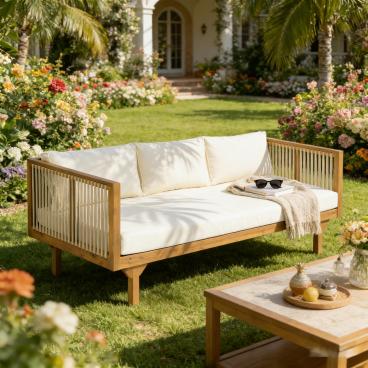 Christopher Knight Home Alessia Modern 67.5'' Patio Acacia Wood 3-Seater Sofa with Cushions, Beige