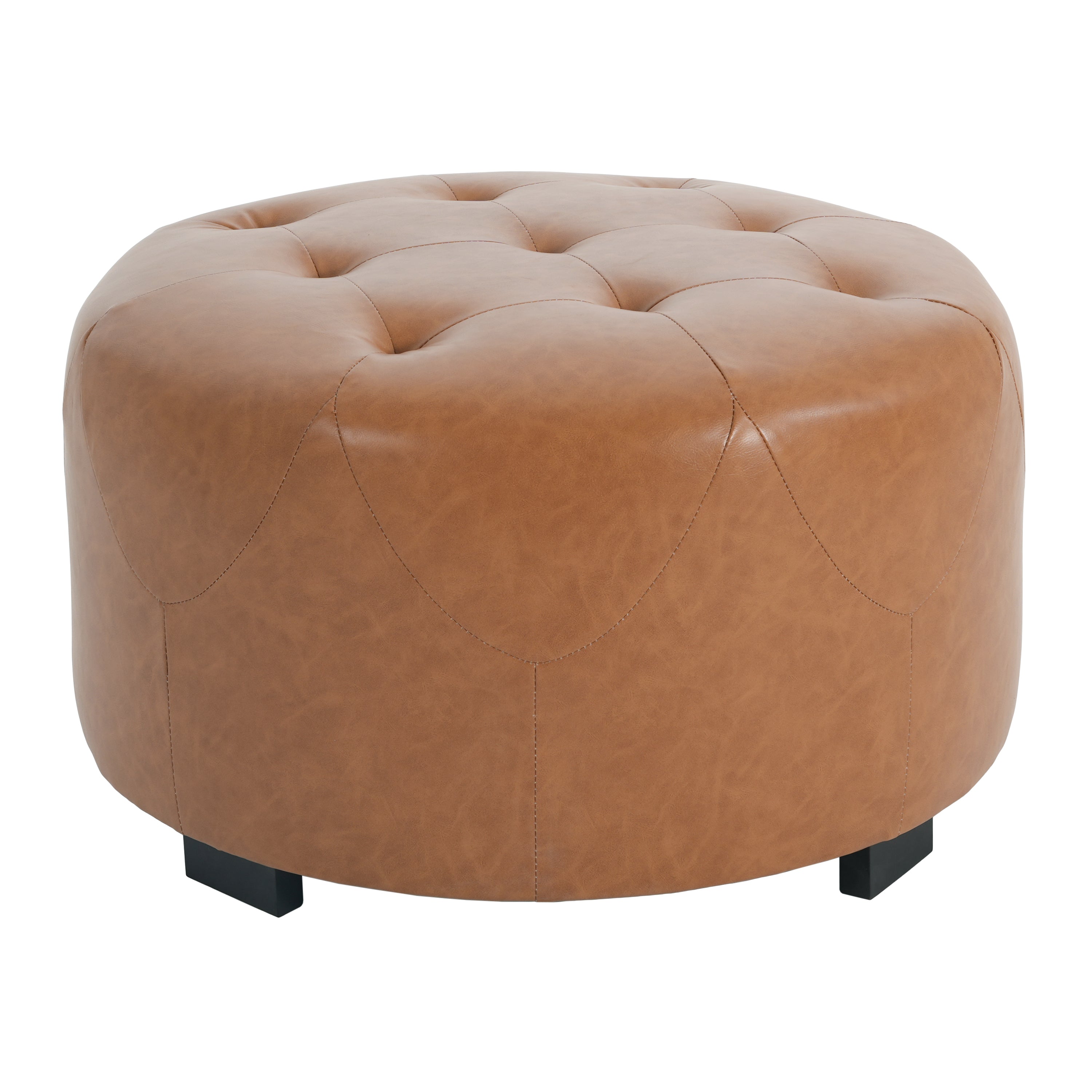 Christopher Knight Home Faux Leather Round Ottoman with Button Tufted PU Upholstery & Birch Wood Legs – Footstool and Extra Seating