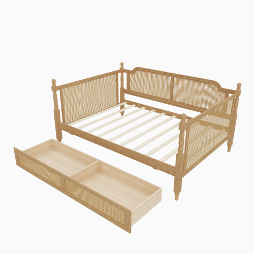 GDFStudio Susan Traditional Rattan Daybed with Storage Drawers, Walnut, Full Size