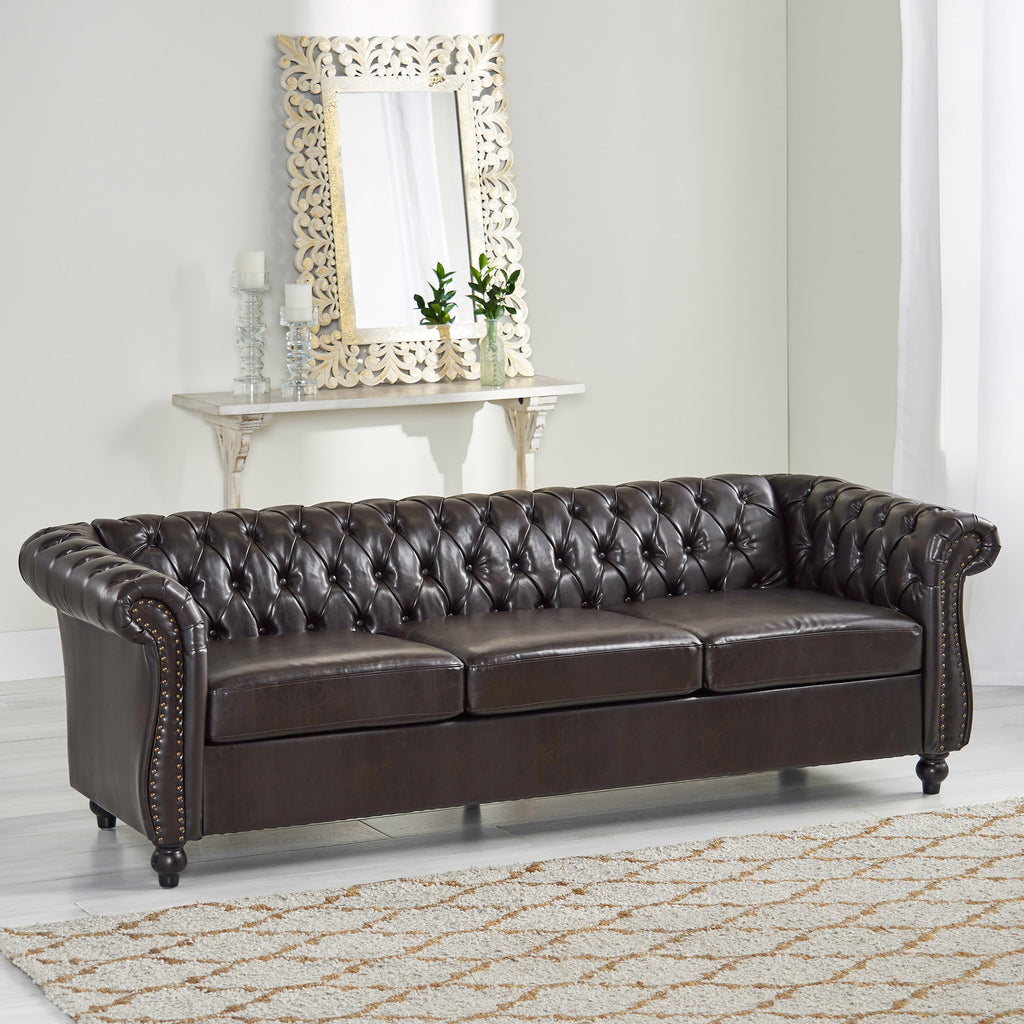 Christopher Knight Home Classic Tufted Chesterfield 3 Seater Sofa with Scrolled Arms & Nailhead Trim