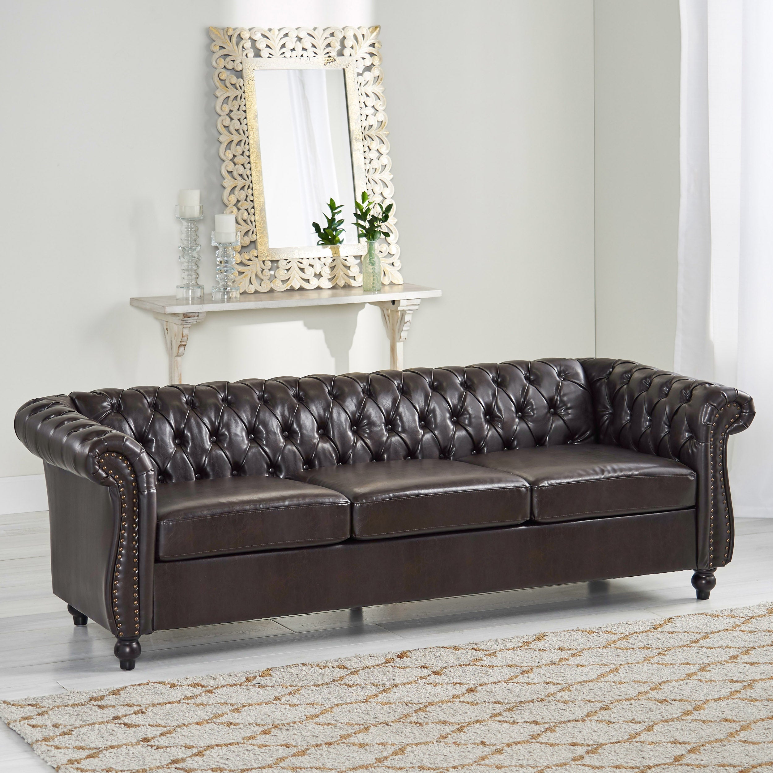 Christopher Knight Home Classic Tufted Chesterfield 3 Seater Sofa with Scrolled Arms & Nailhead Trim