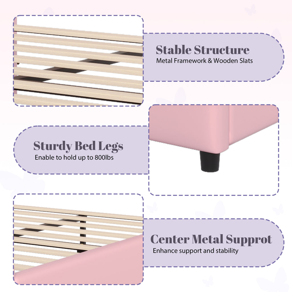 Christopher Knight Home Butterfly-Headboard PU Leather Platform Bed with Wood Slats & Metal Accents