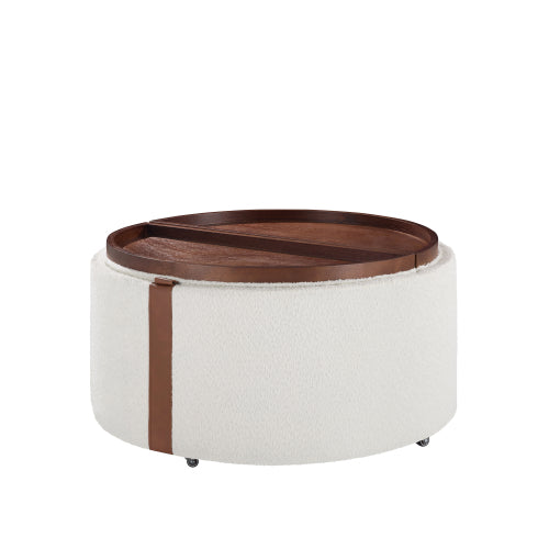 GDFStudio Bennett Modern Contemporary Upholstered Wood Round Storage Ottoman with Casters and Reversible Tray Lids, White, Boucle