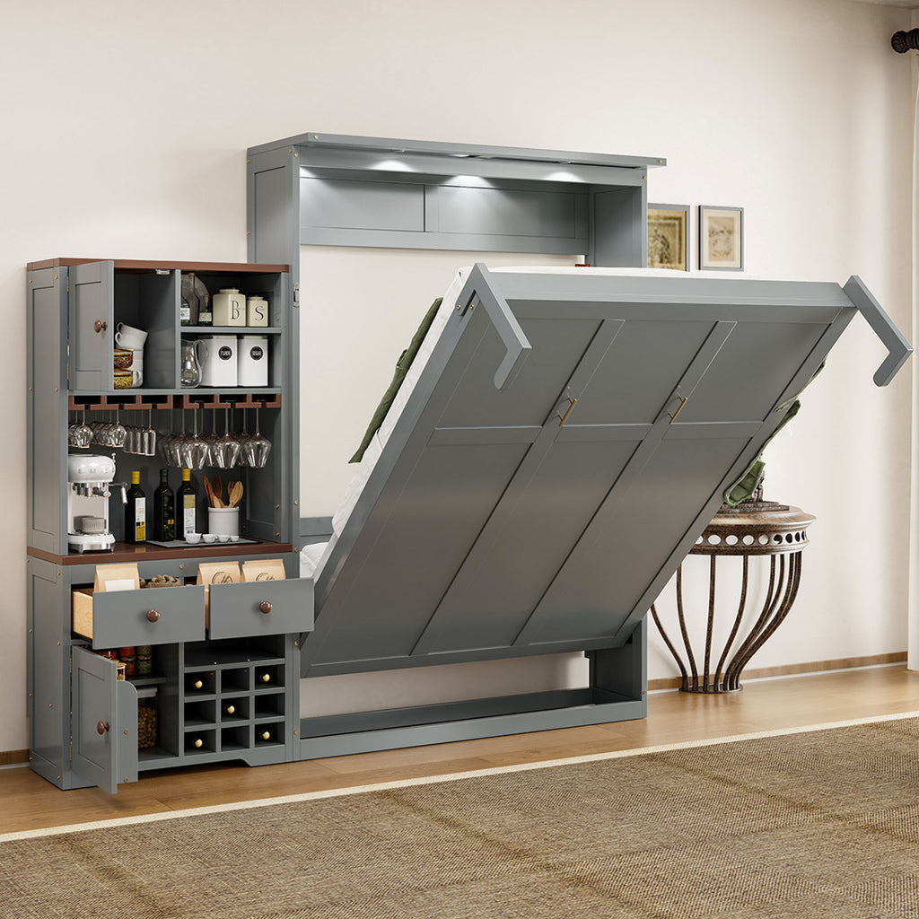 Queen Size Murphy Bed with Storage, Wine Rack & LED Lights – Space-Saving Wall Bed with Cabinets & Shelves for Modern Apartments