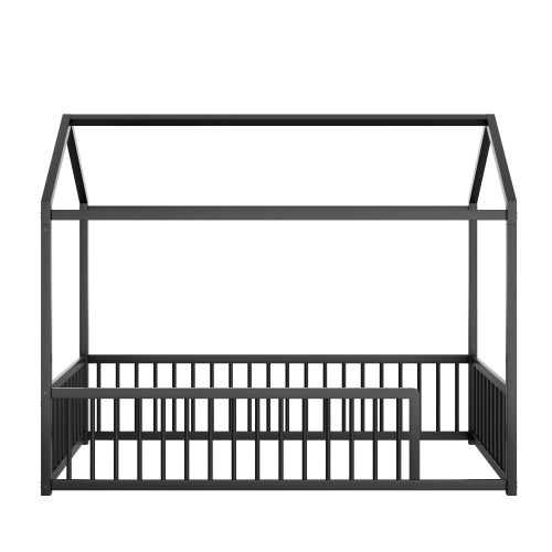 GDFStudio Christy Twin Size House-Shaped Metal Floor Bed Frame with Fence, Black