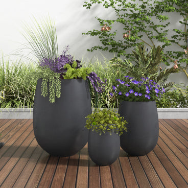 GDFStudio Fanny Egg-Shaped Lightweight MGO Outdoor Planter Set of 3 with Drainage Holes, Black