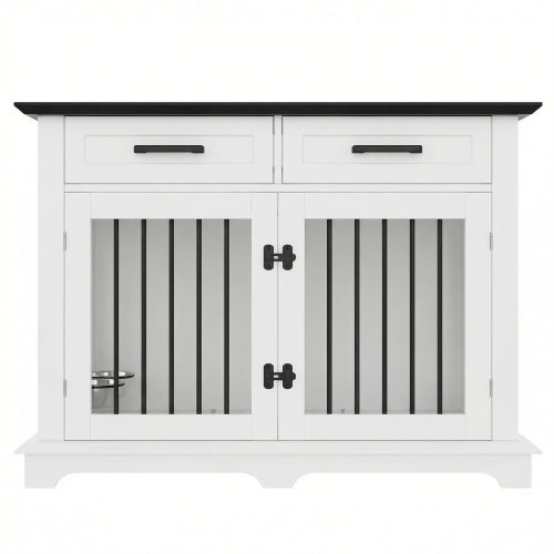 GDFStudio Verne Farmhouse Wooden Dog Crate Furniture with Drawers and Rotating Bowls, White/Black