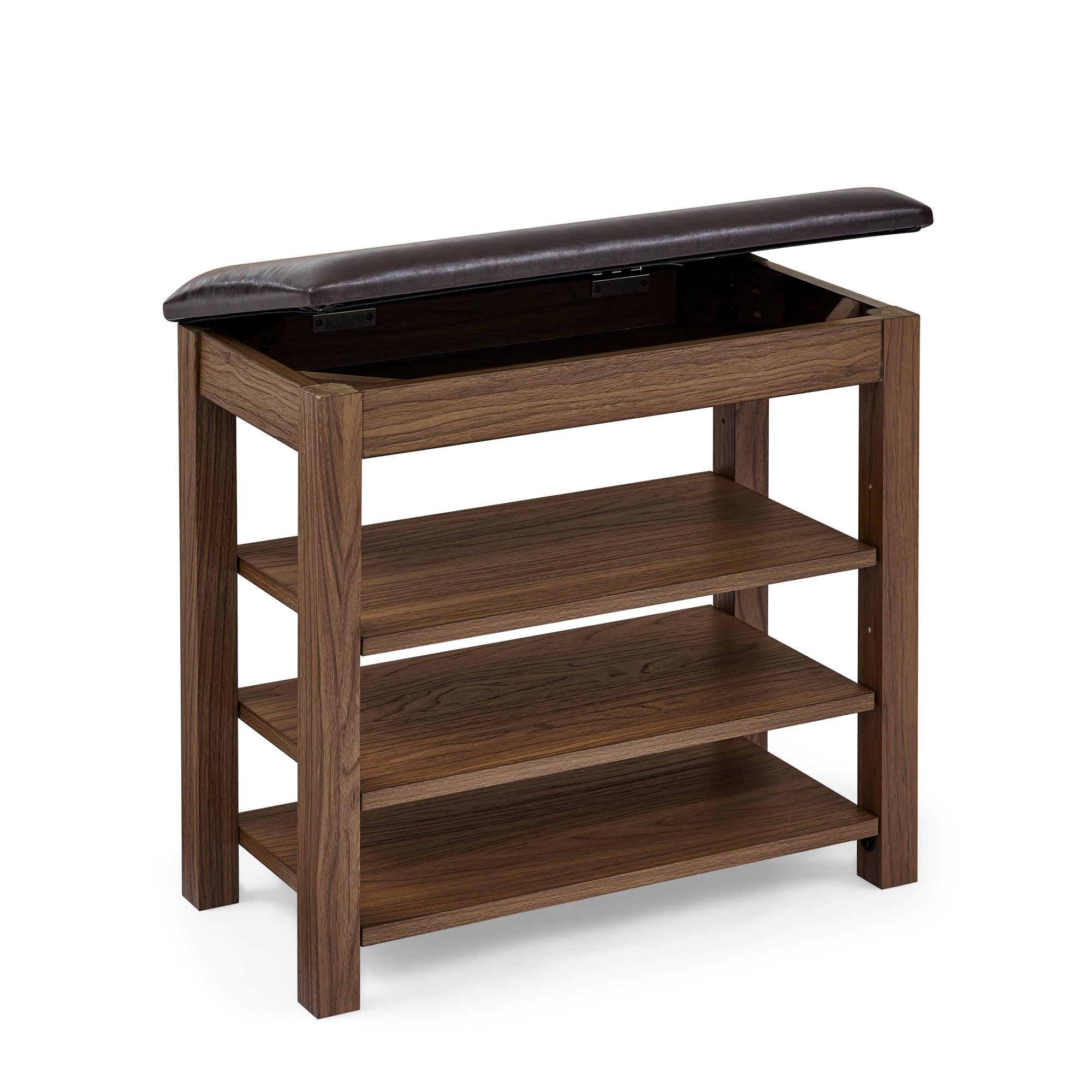 GDFStudio Debby Wood Faux Leather Upholstered?Shoe Rack Bench, Brown
