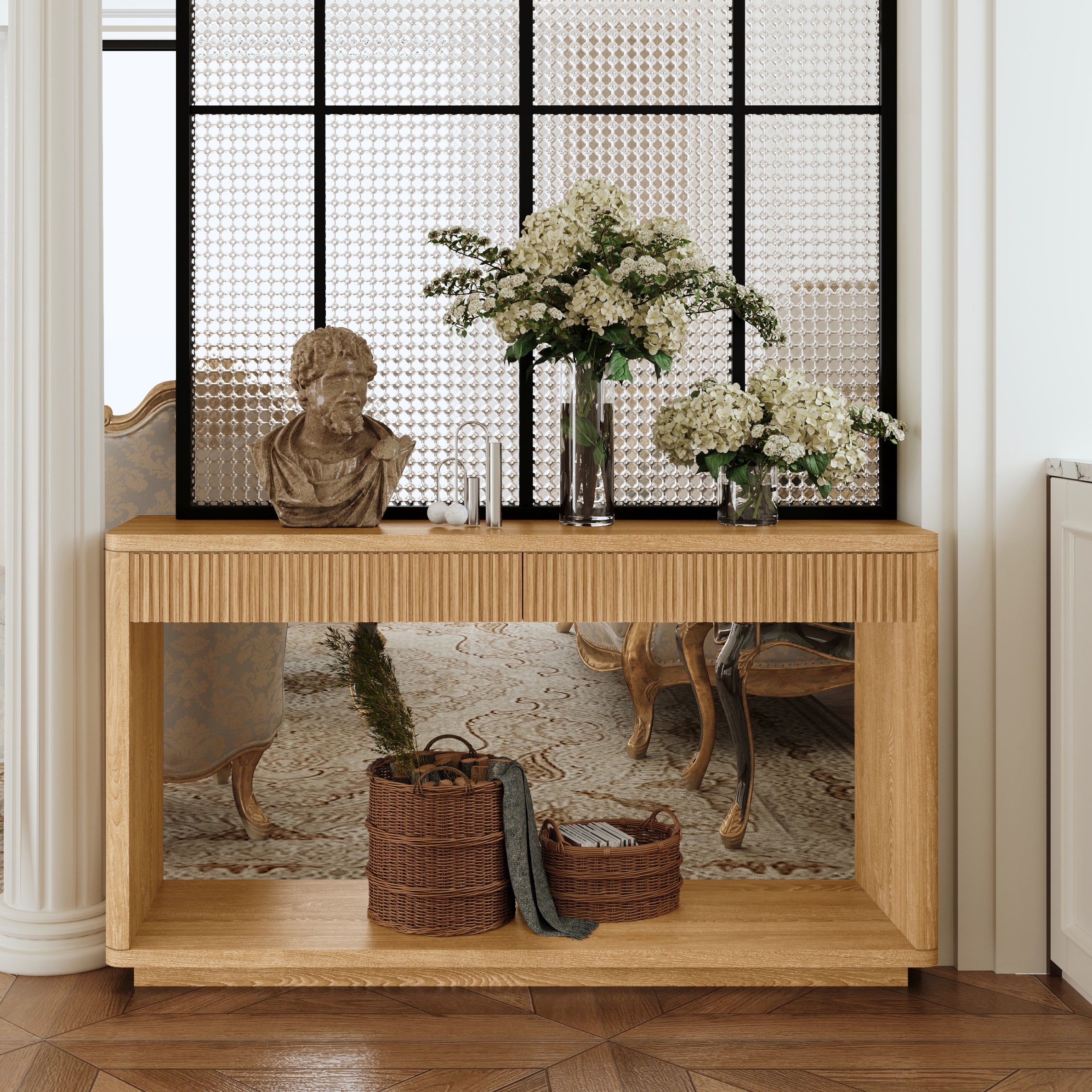GDFStudio Bertram Mid-Century Modern 60" Solid Wood Fluted Console Table with 2 Drawers