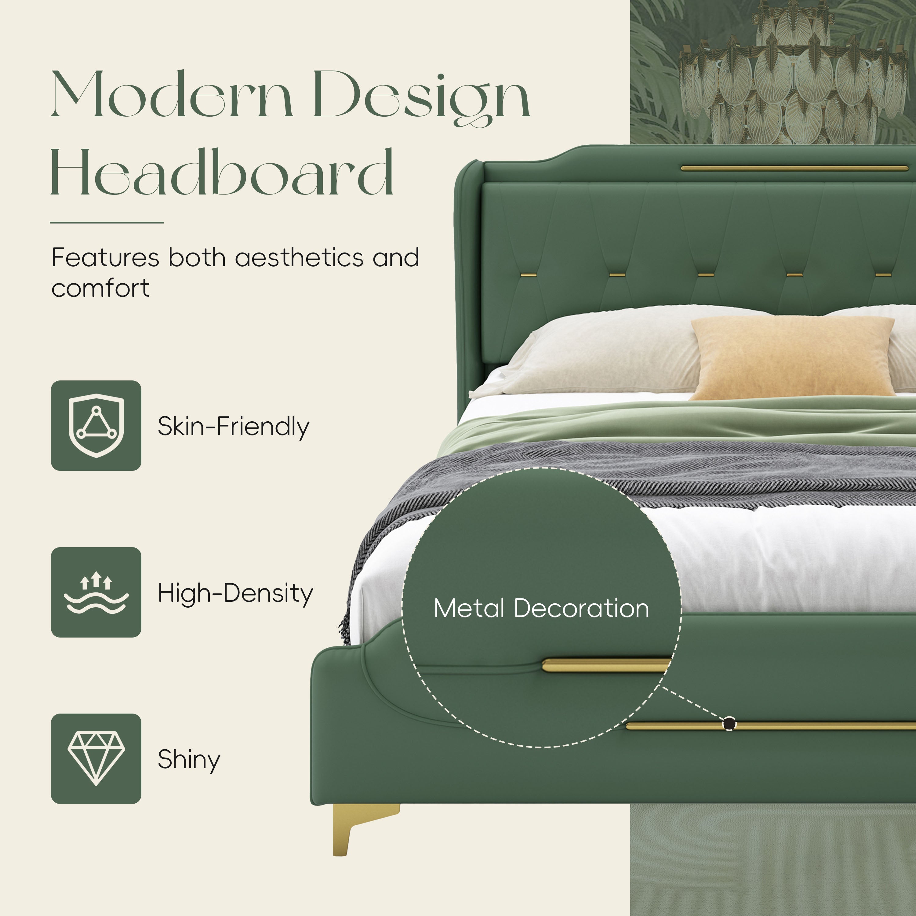 Christopher Knight Home Modern Faux Leather Platform Bed with Gold Metal Accents & Sturdy Wood-Metal Frame