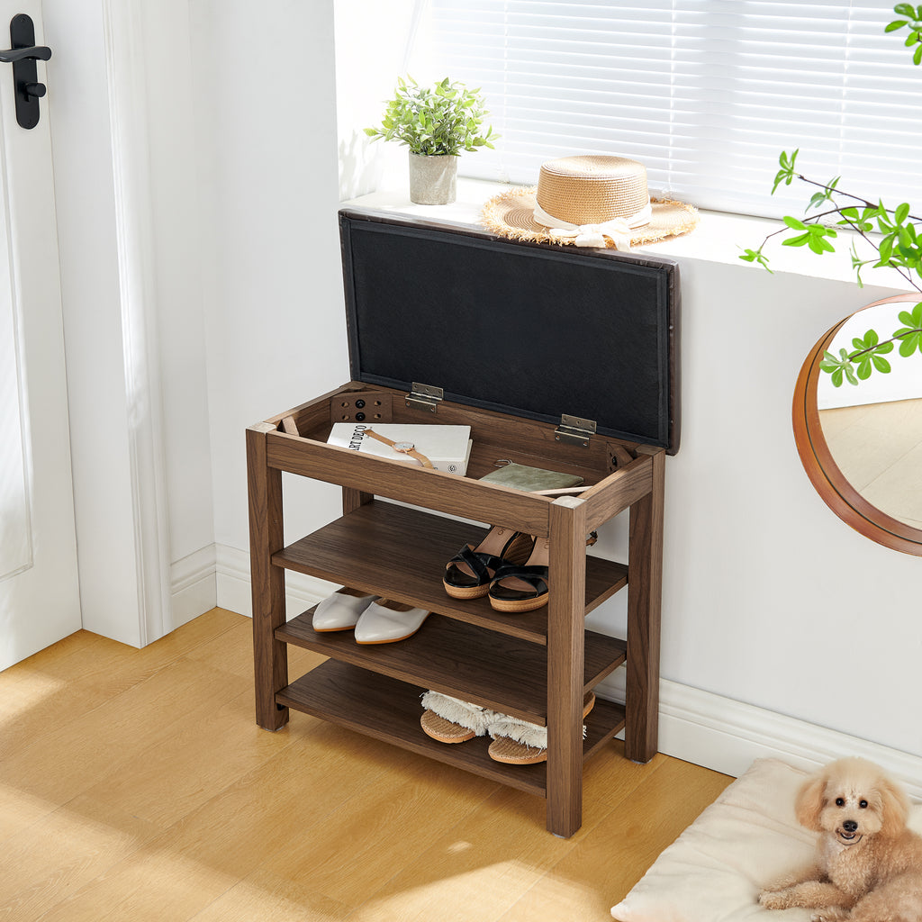 GDFStudio Debby Wood Faux Leather Upholstered?Shoe Rack Bench, Brown