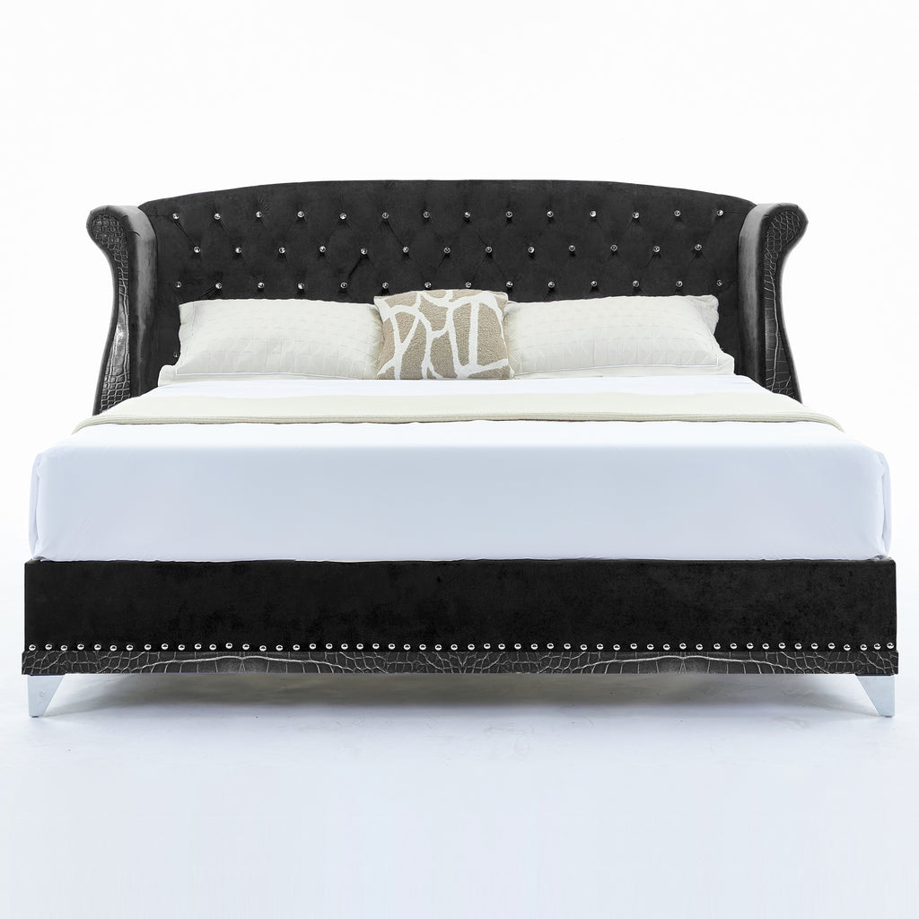 Christopher Knight Home Modern Velvet Wingback Tufted Platform Bed with Nailhead Trim and Silver Legs