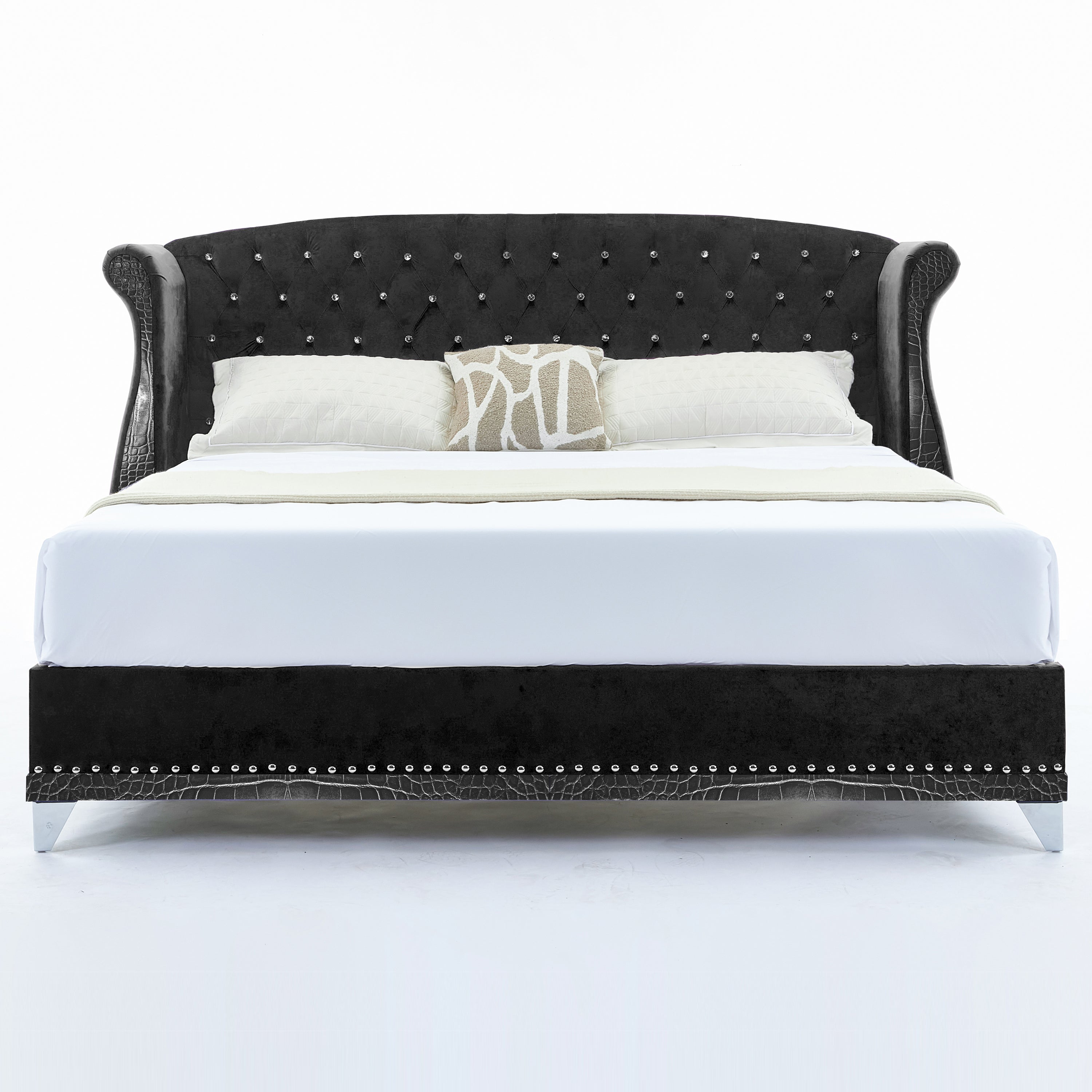 Christopher Knight Home Modern Velvet Wingback Tufted Platform Bed with Nailhead Trim and Silver Legs