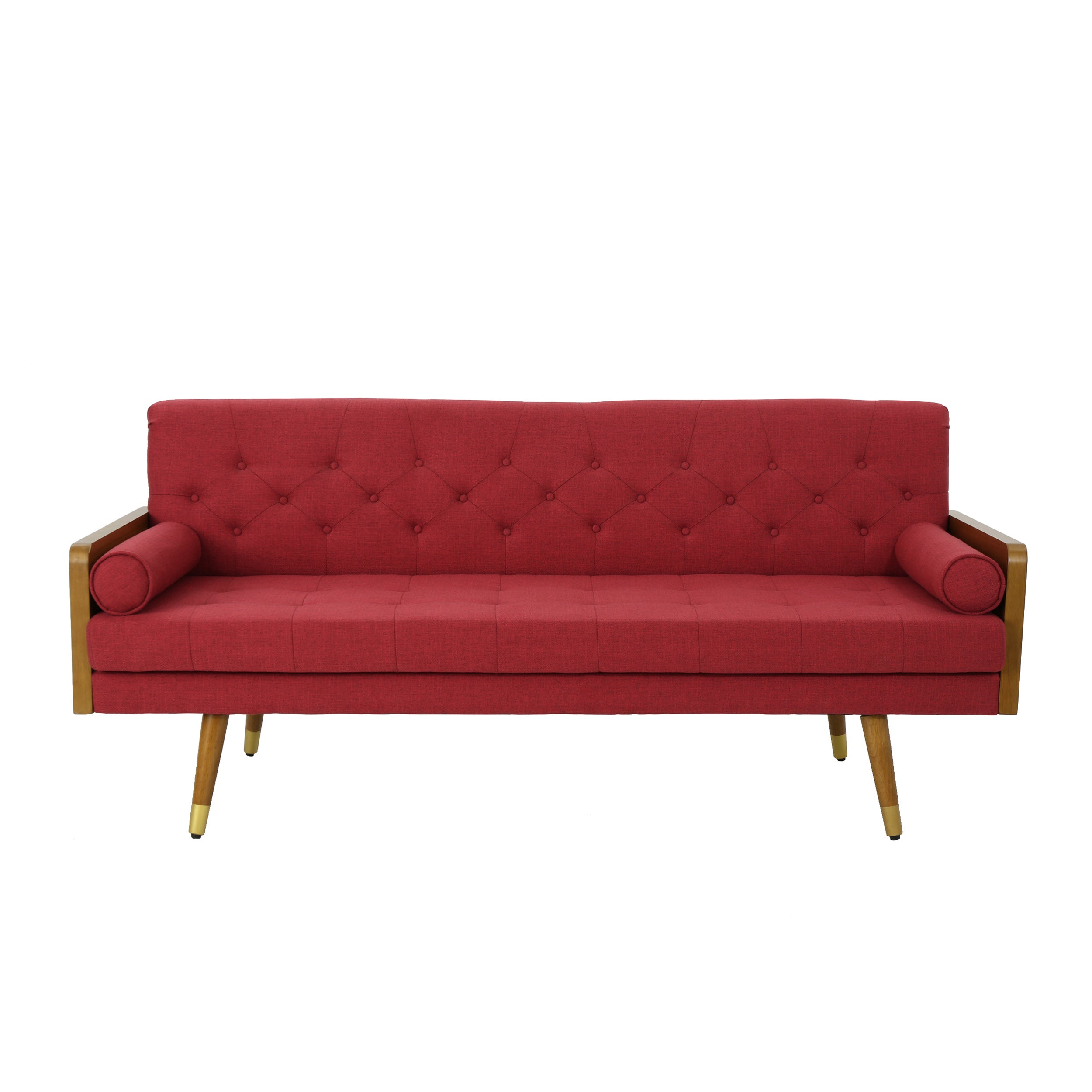 Mid-Century Modern Sofa with Button Tufting & Gold-Tipped Rubberwood Legs – Fabric Upholstered Living Room Couch