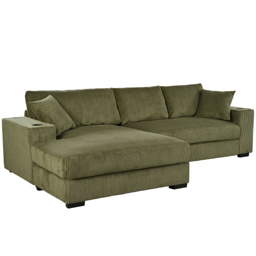 Christopher Knight Home Tess Oversized Corduroy Upholstered Sectional Sofa with Charging Ports and Cup Holders, Green