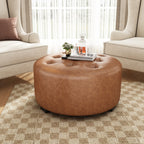 Christopher Knight Home Faux Leather Round Ottoman with Button Tufted PU Upholstery & Birch Wood Legs ¨C Footstool and Extra Seating