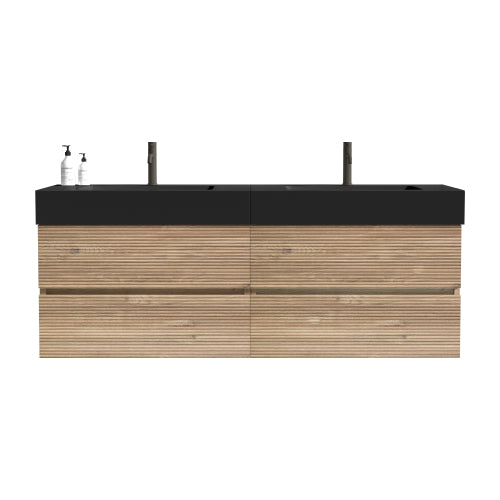 GDFStudio Rowan 60  Mid-Century Modern Wall-Mounted Bathroom Vanity with Double Drawers and Soft-Close System, Black/Brown