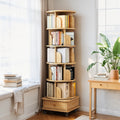 GDFStudio Hillside 360° Rotating Wood Bookshelf with Drawer and Wheels, Oak