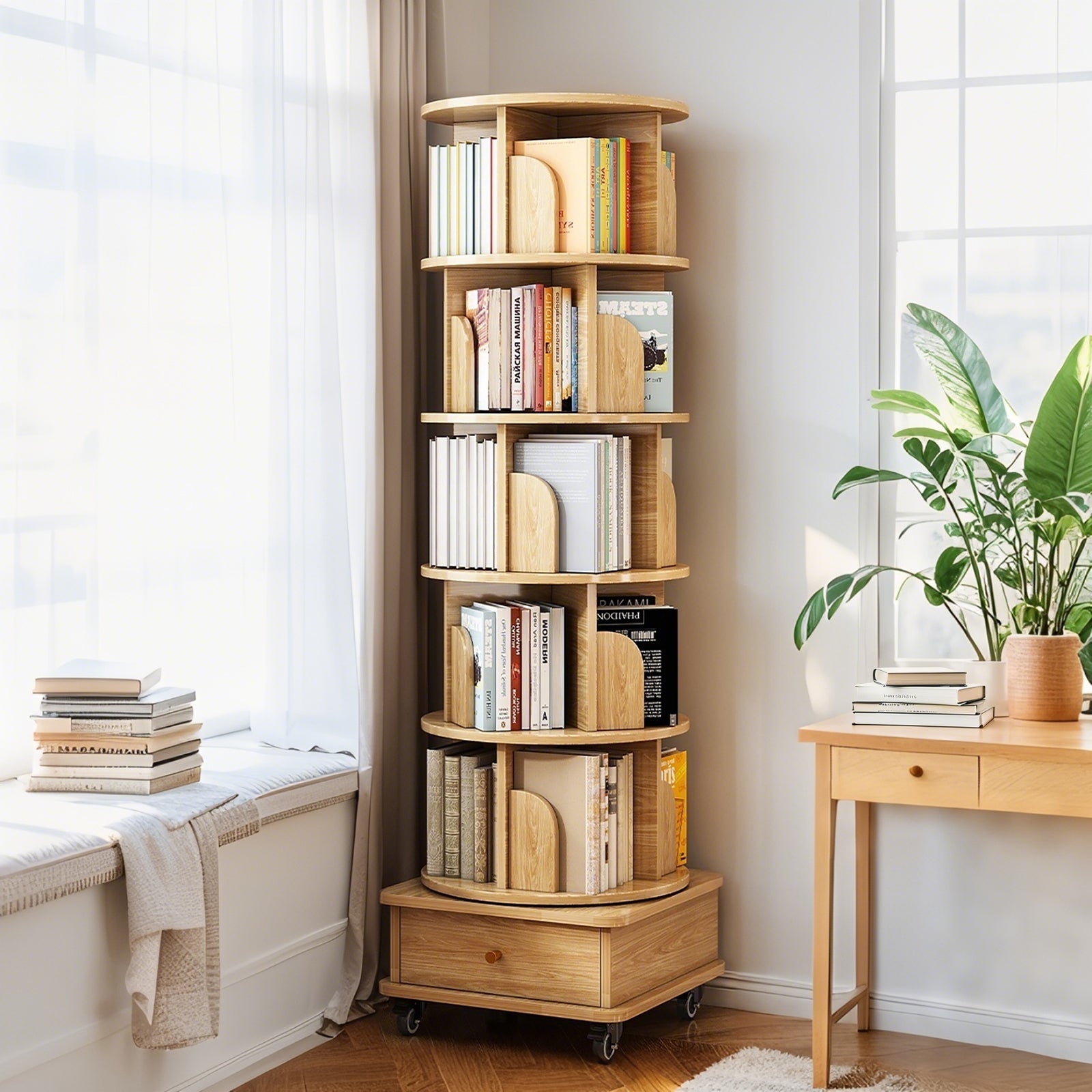 GDFStudio Hillside 360° Rotating Wood Bookshelf with Drawer and Wheels, Oak