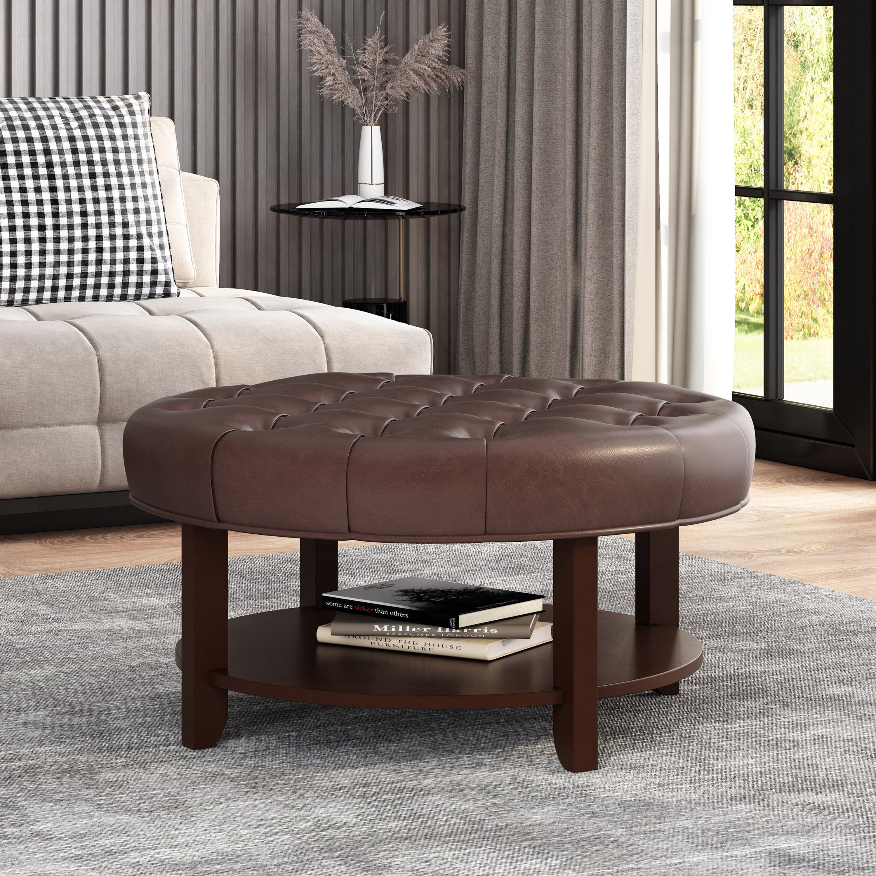 Christopher Knight Home 32" Round Ottoman with Button Tufting & Open Shelf – Modern Coffee Table