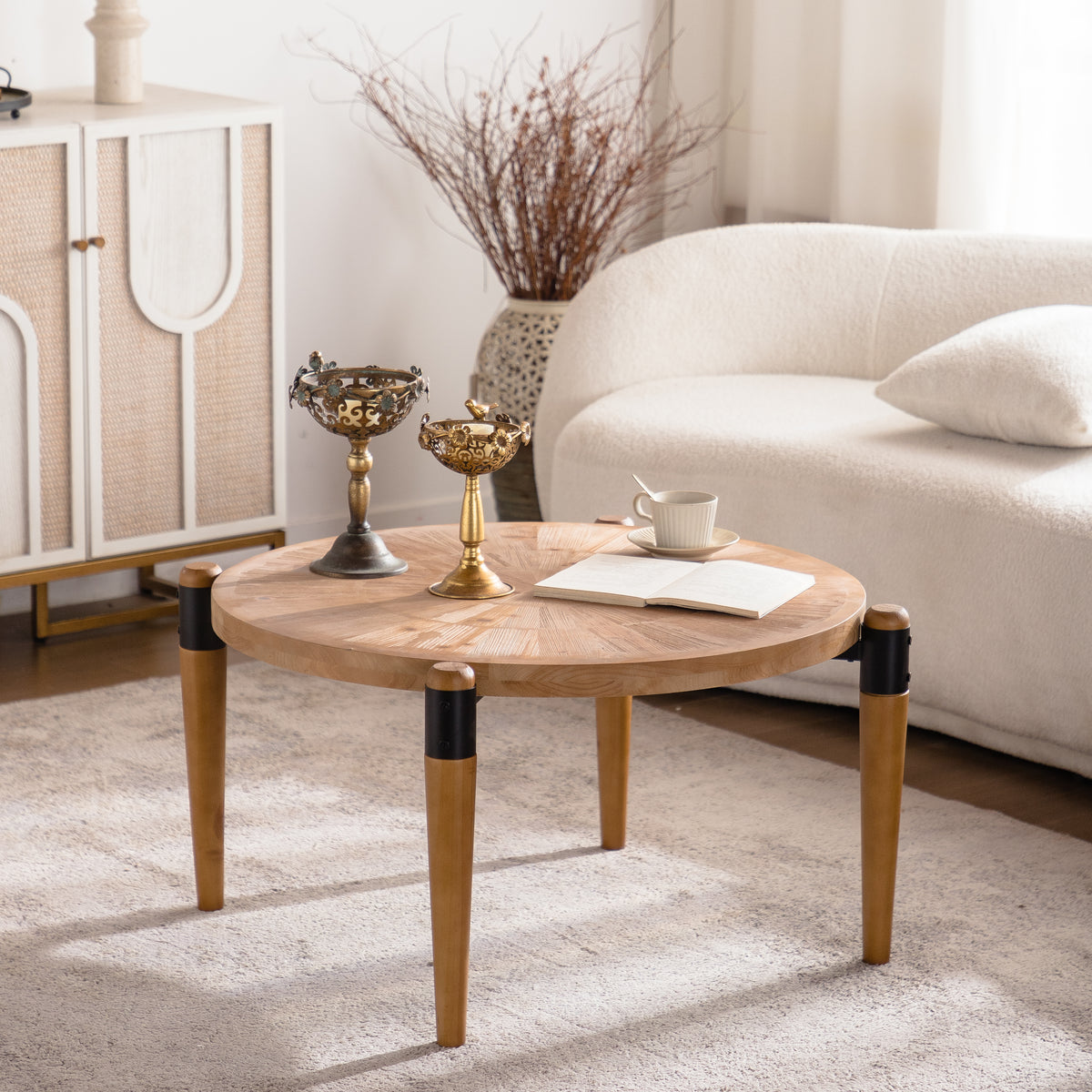 GDFStudio Drex Rustic Wooden Round Coffee Table, Natural Wood