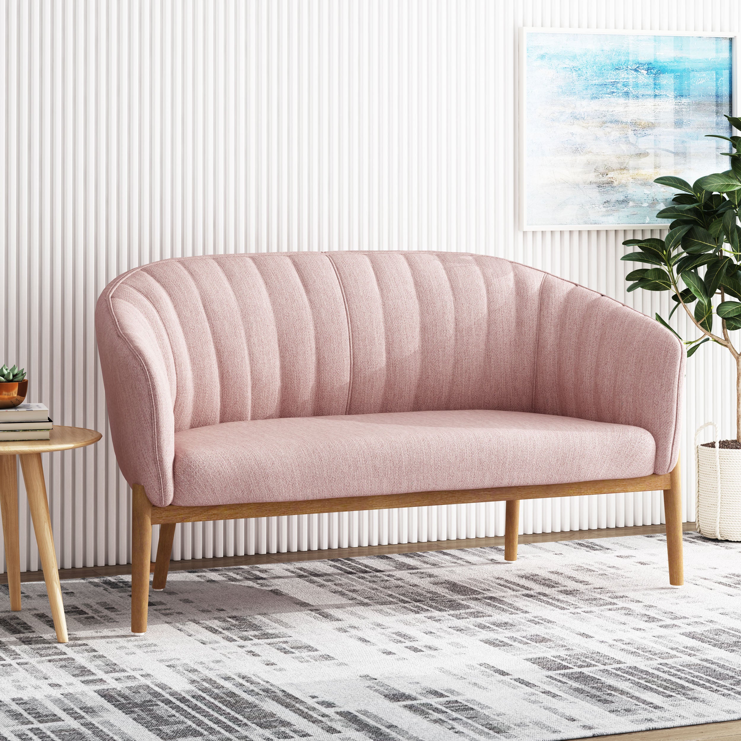 Mid-Century Modern Loveseat with Channel-Stitched Backrest & Rubberwood Legs – Upholstered Small Sofa