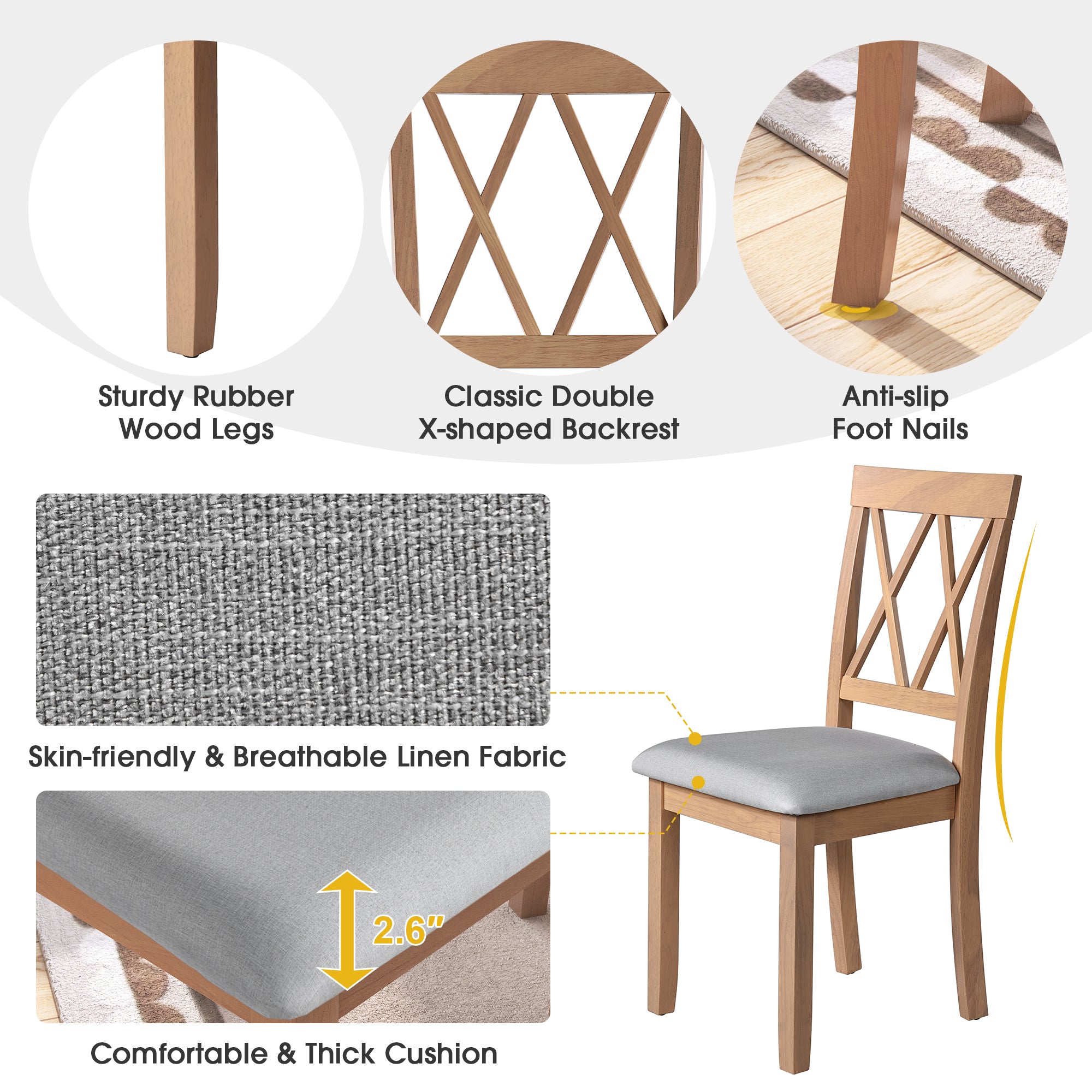 Modern Upholstered Dining Chairs with Tufted Back, Linen Fabric Kitchen Chairs with Solid Wood Legs （Set of 2）