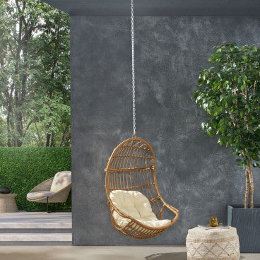 GDFStudio Gurley Outdoor/Indoor Wicker Hanging Chair with 8 Foot Chain (NO STAND), Beige/Light Brown