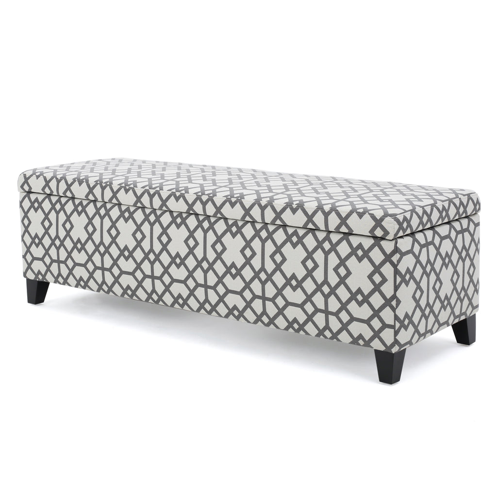 Storage Bench Ottoman with Hidden Storage & Geometric Gray-White Upholstery