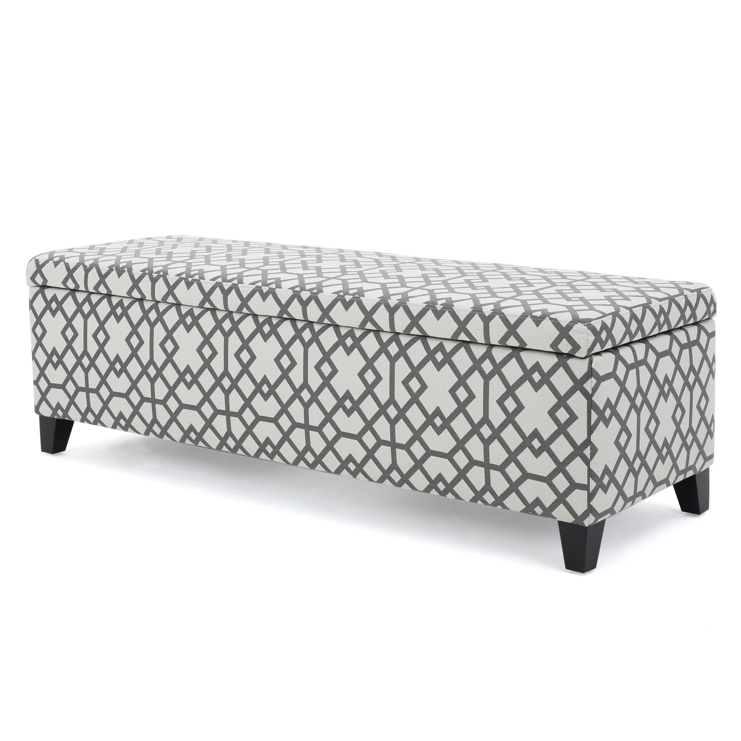 Storage Bench Ottoman with Hidden Storage & Geometric Gray-White Upholstery