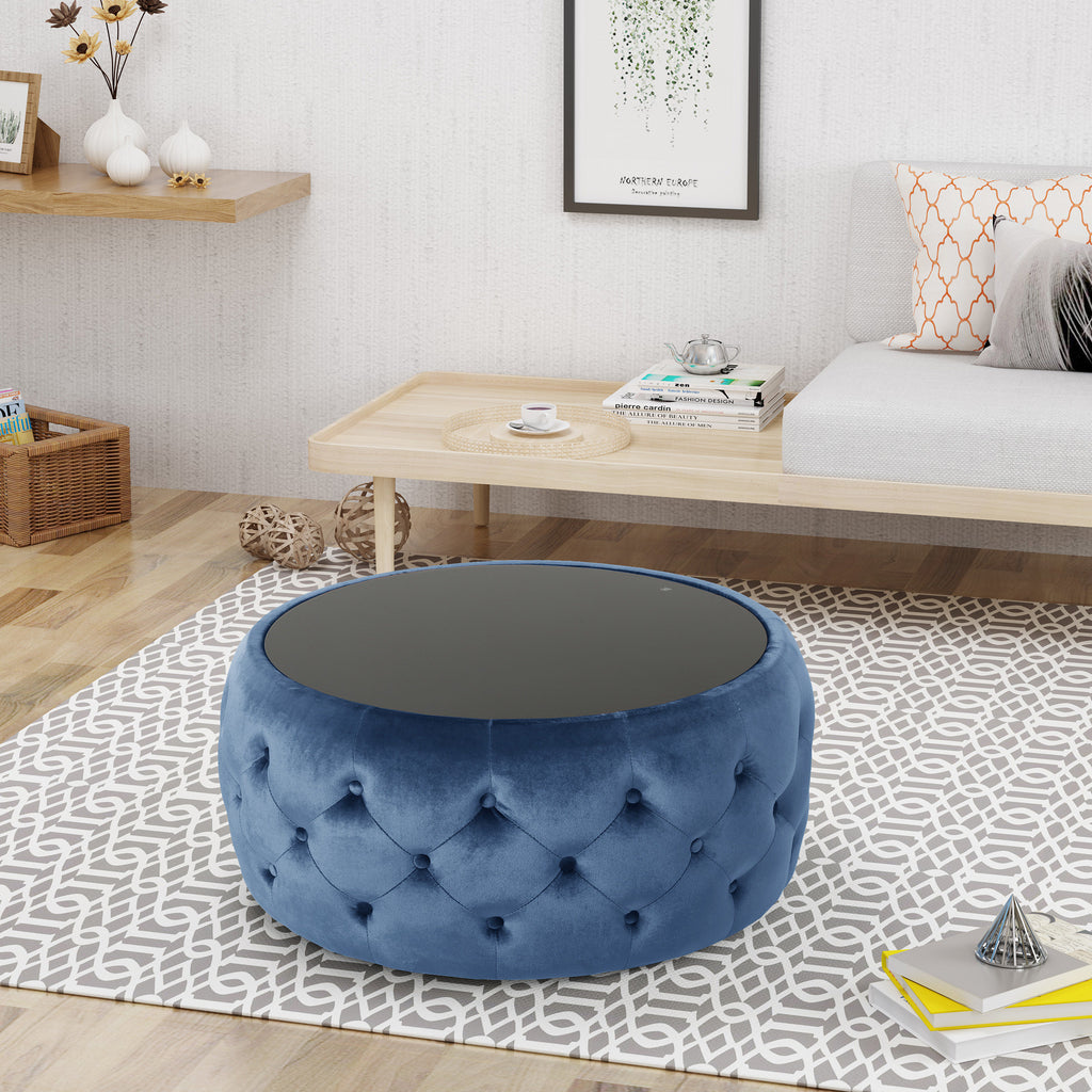 Christopher Knight Home Velvet Round Tufted Ottoman with Tempered Glass Top – Modern Glam Accent