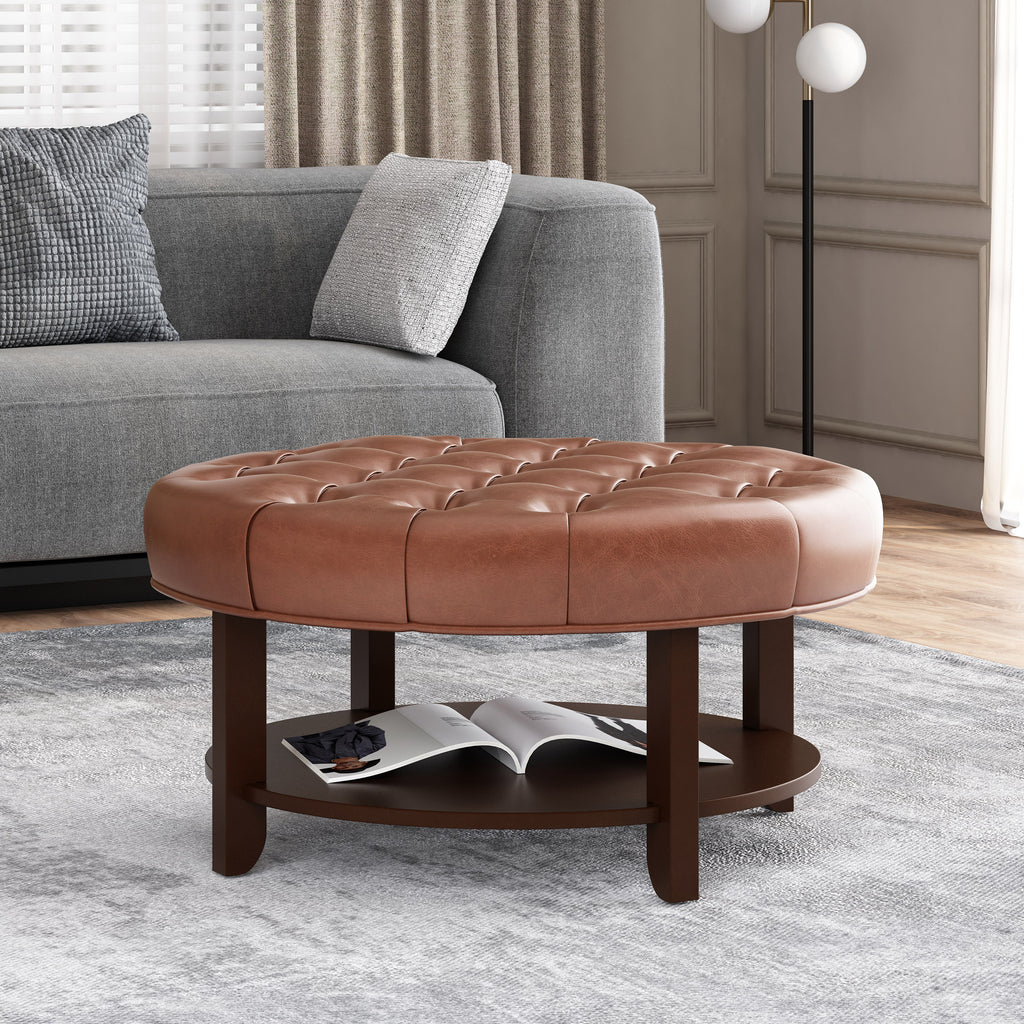 Christopher Knight Home 32" Round Ottoman with Button Tufting & Open Shelf – Modern Coffee Table