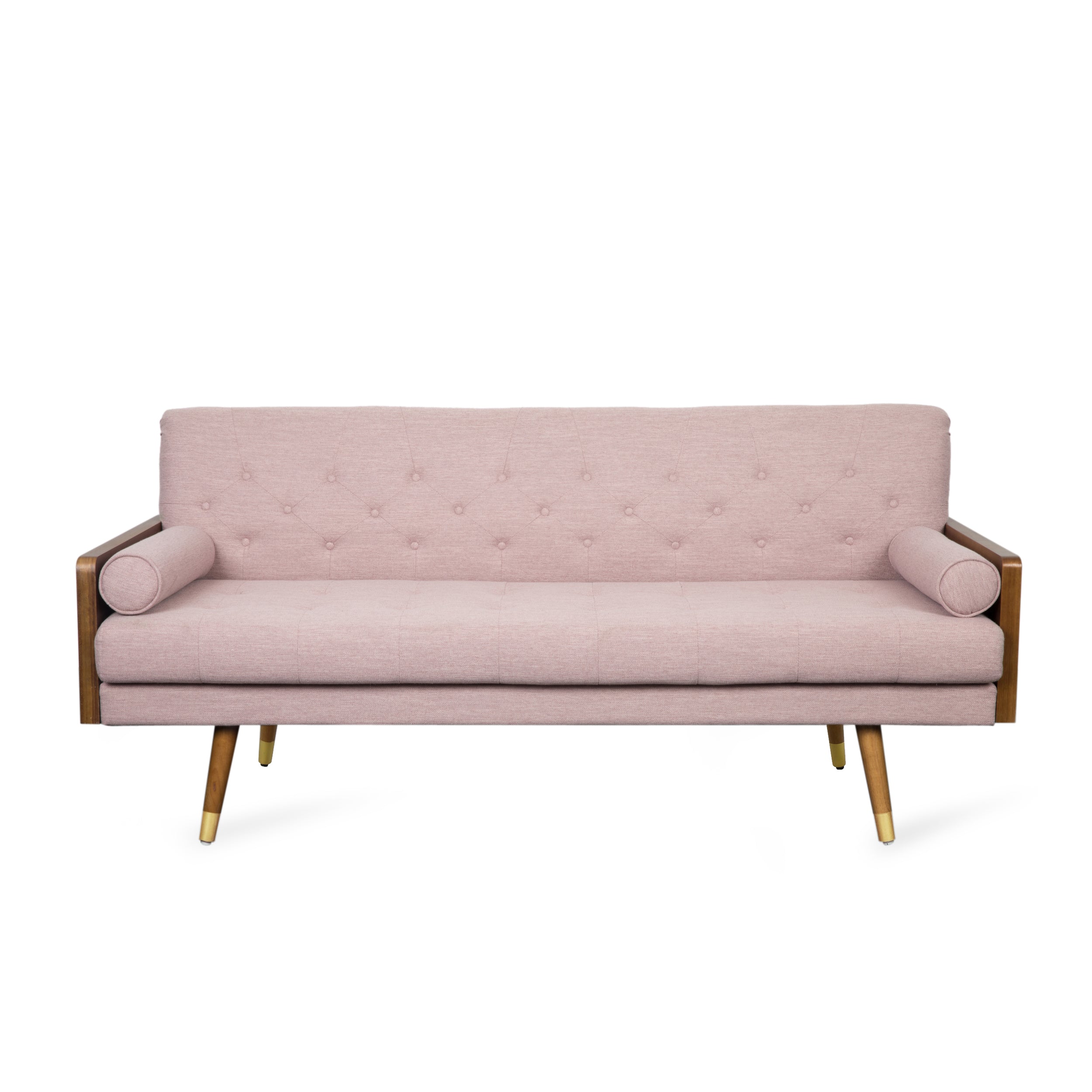 Christopher Knight Home Mid-Century Modern Tufted Fabric Sofa with Gold-Tipped Rubberwood Legs, Blush