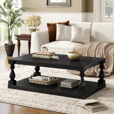 GDFStudio Bertie 43.50” Vintage Coffee Table with Vase Column Legs and Pine Veneer, Black