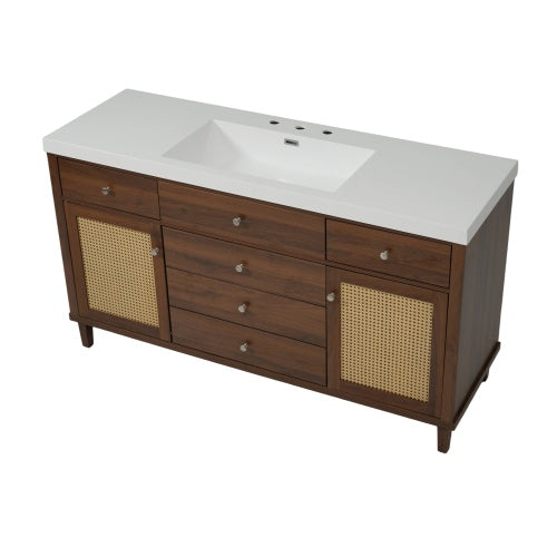 Christopher Knight Home Emilie 60" Modern Bathroom Vanity with SMC Sink, 5 Drawers and 2 Rattan Doors, Brown