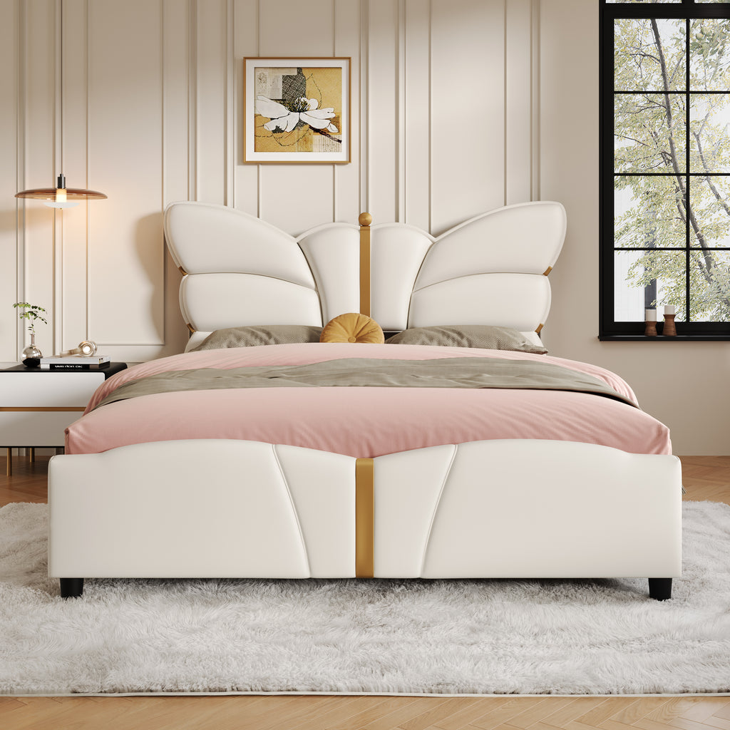 Christopher Knight Home Butterfly-Headboard PU Leather Platform Bed with Wood Slats & Metal Accents