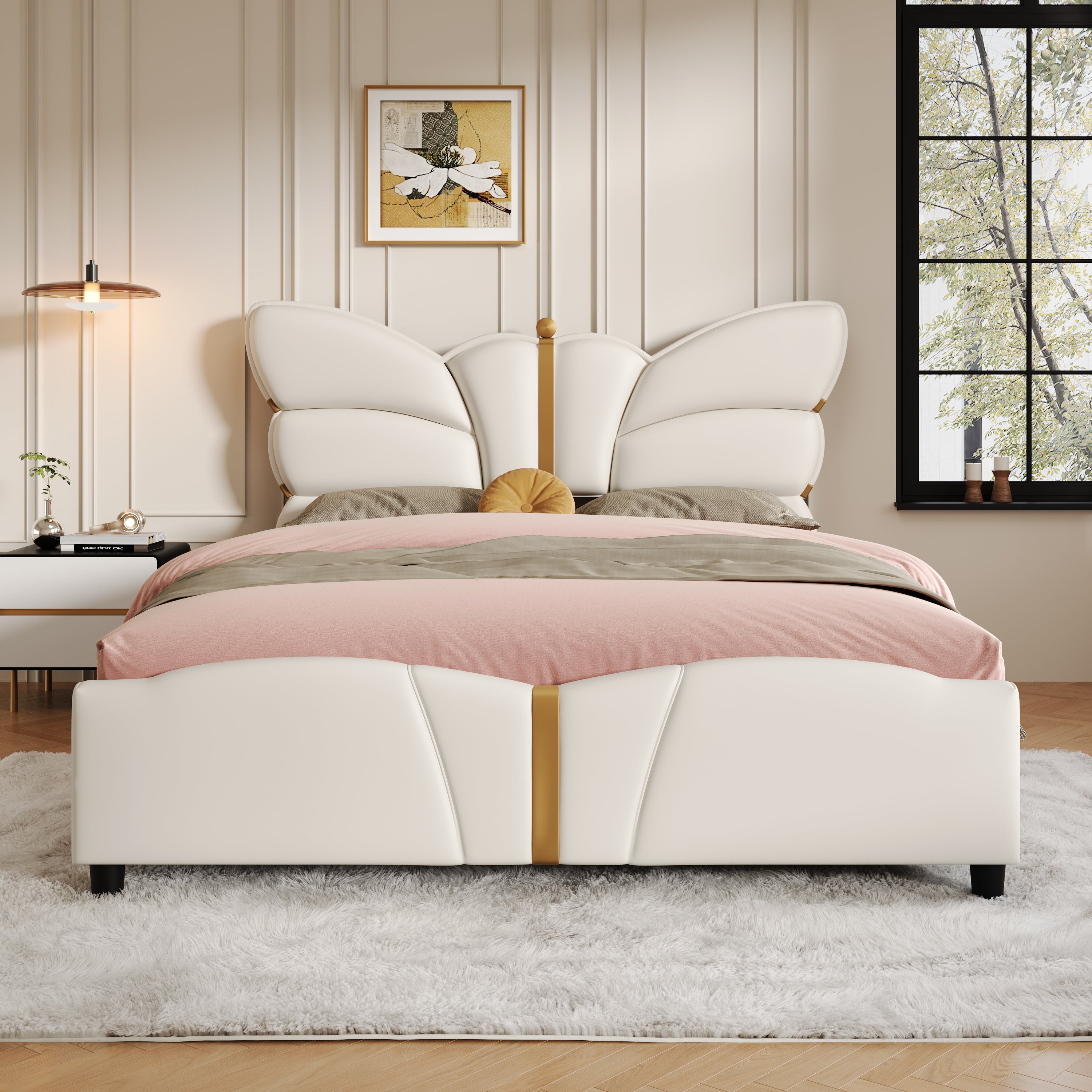 Christopher Knight Home Butterfly-Headboard PU Leather Platform Bed with Wood Slats & Metal Accents