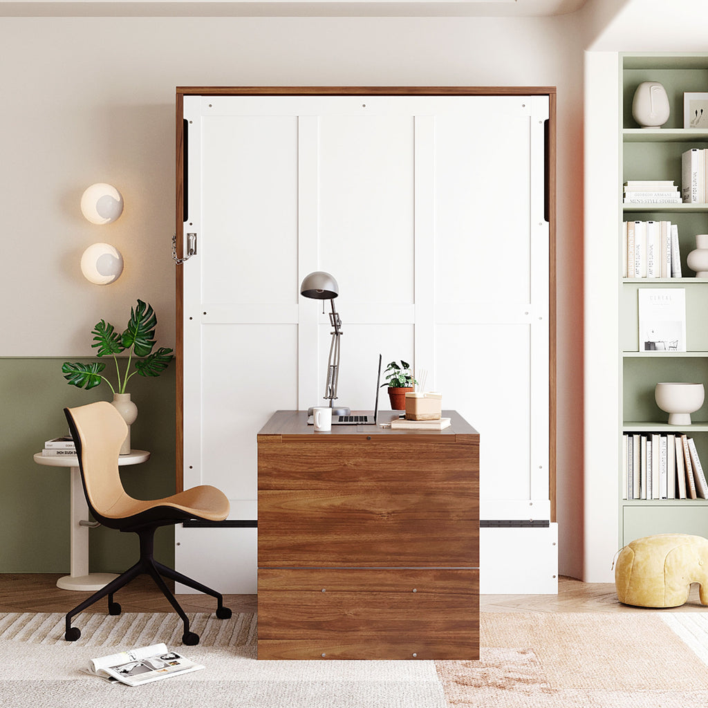 Full Size Murphy Bed with Foldable Desk, Modern Wall Bed in Walnut & White, Space-Saving Bed for Home Office & Guest Room